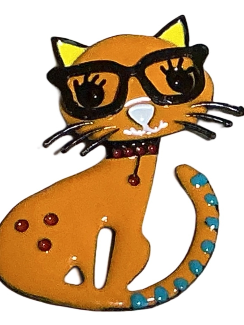Orange Cat Brooch, Whimsicaal with Glasses, Enamel, Cute, Sitting Curled Up Tail
